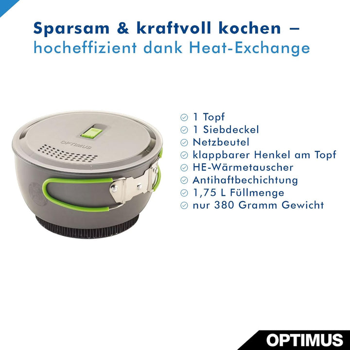 Optimus Terra Xpress HE Kochtopf 1,75L – Leichter Camping-Topf mit Antihaftbeschichtung, Butterfly-G