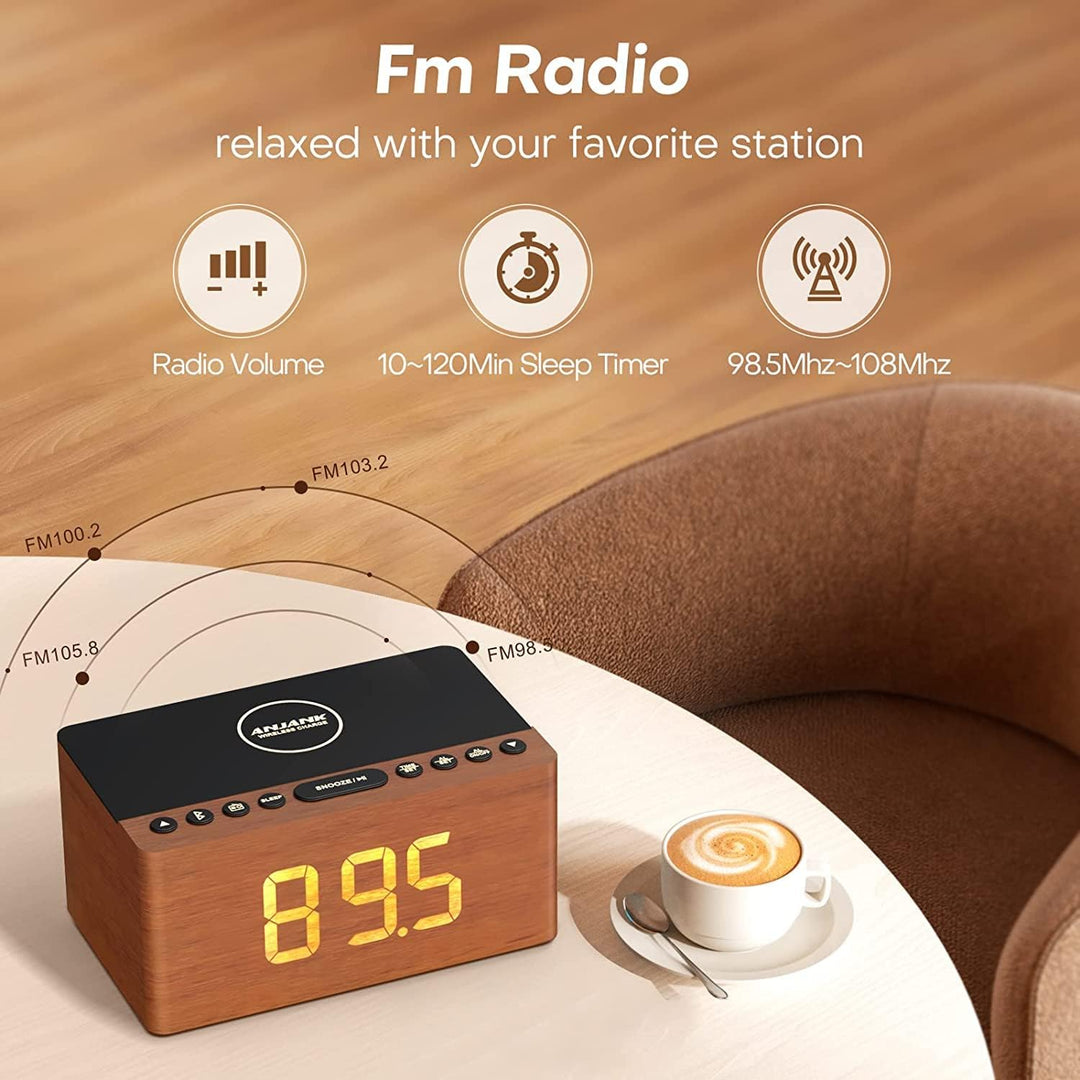 ANJANK Hölzerner Bluetooth-Lautsprecher Radiowecker Digital,Kabellose Ladestation für iPhone/Samsung