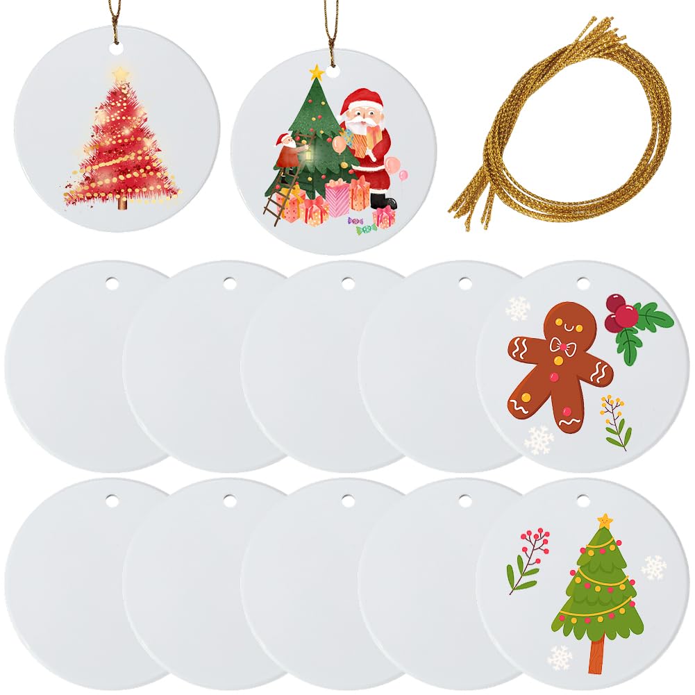 12 Stück Runde Sublimationsornament Rohlinge Hängende Sublimationsrohlinge Mit Jutekordeln Porzellan