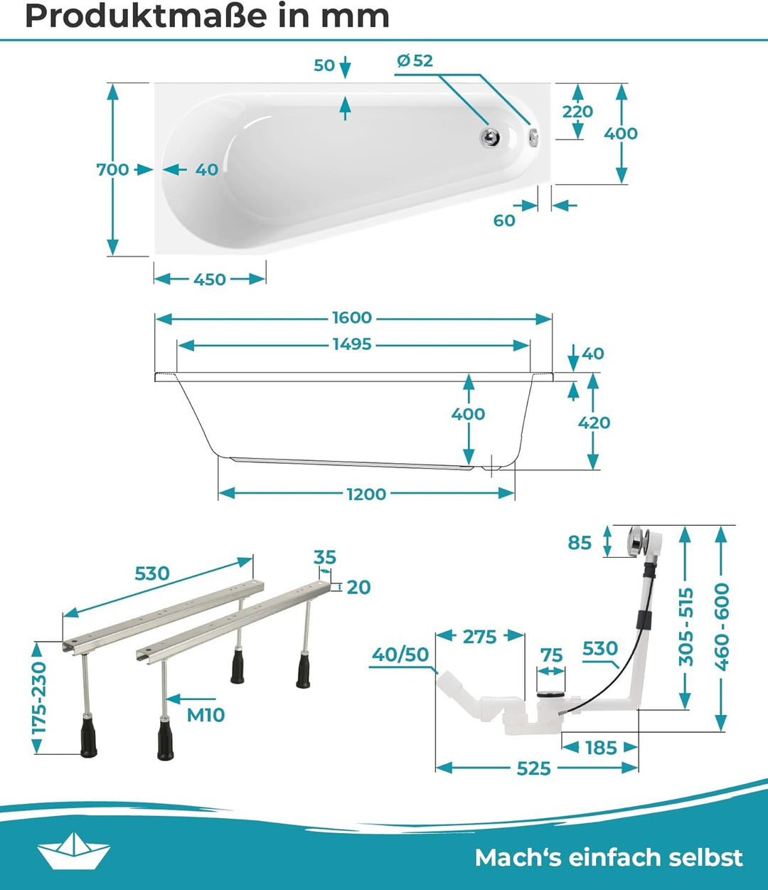 Calmwaters® Raumsparende Eckbadewanne 160x70 cm Essential Small, Made in EU, 3in1 Acryl-Badewanne mi