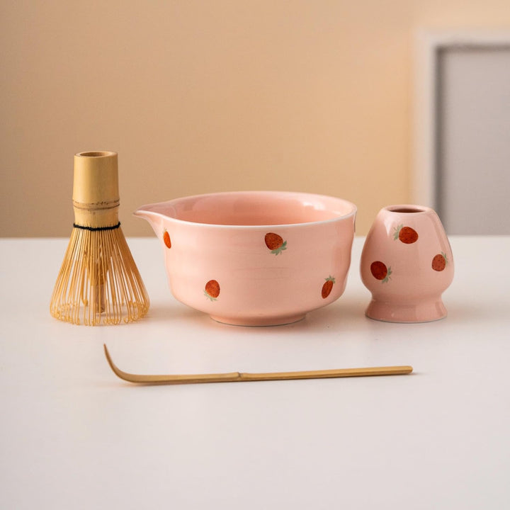 Matcha Set Rosa, Erdbeer Macha Tea Set, Japanisches Macha-Zeremonien-Set, Matcha Schale und Bambusbe
