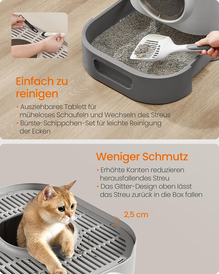 Feandrea Katzenklo, Katzentoilette XXL, mit Deckel, ausziehbares Tablett, Schaufel, Bürste, für Katz
