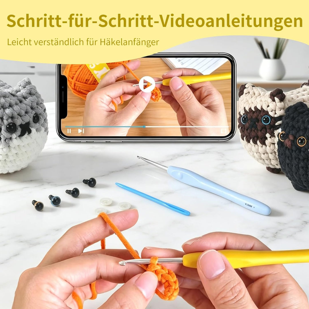 SHYSBV Häkelset für Anfänger Heckel Set Komplettes Amigurumi Set 3 süsse Katzen mit Garn Häkelnadel
