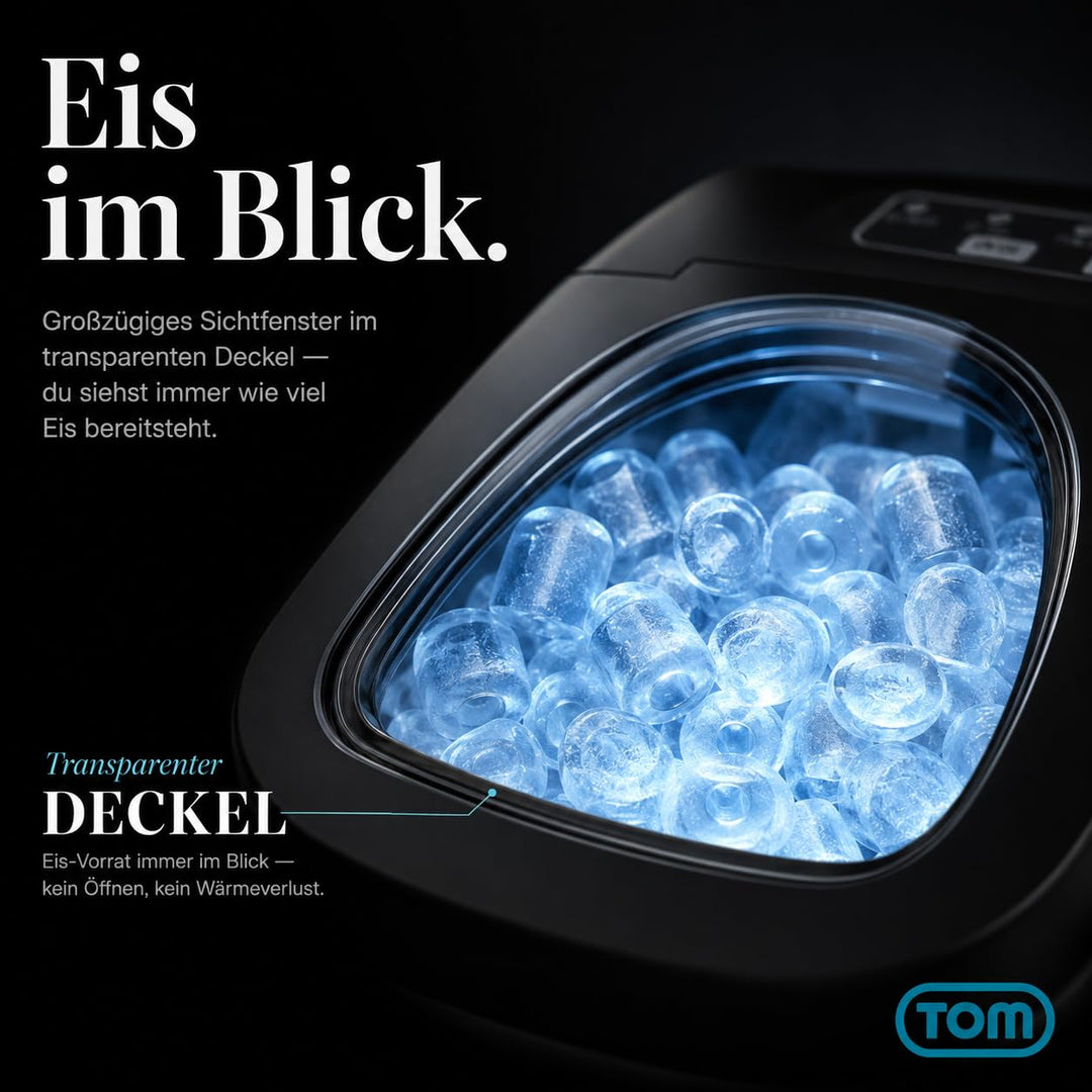 TOM Eiswürfelmaschine – 9 Eiswürfel in 6-8 min – 12 kg/24 h – 2 Würfelgrössen – Ice maker Eiswürfelm