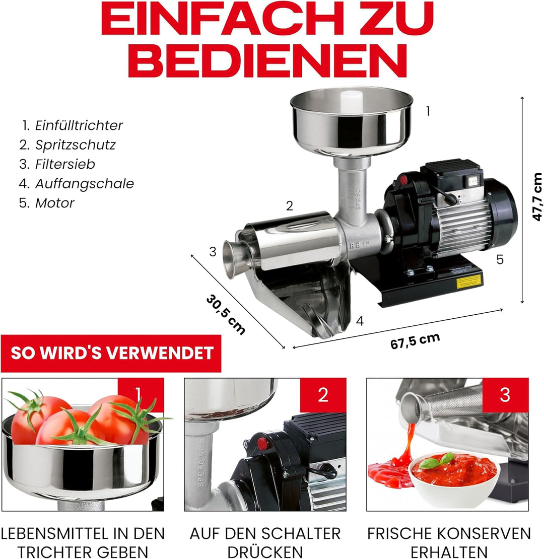 Reber Elektrische Tomatenpresse Nr. 5 600 W für Passata und Konserven | Für Marmeladen und Fruchtsäf