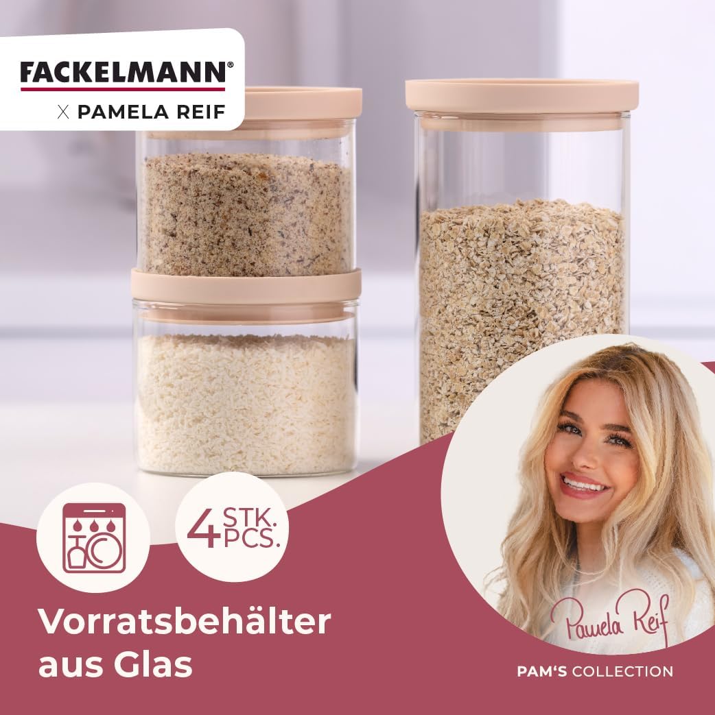 FACKELMANN x Pamela Reif Vorratsbehälter aus Glas – 4 Stück, 1000 ml, transparent mit pastellbeigem