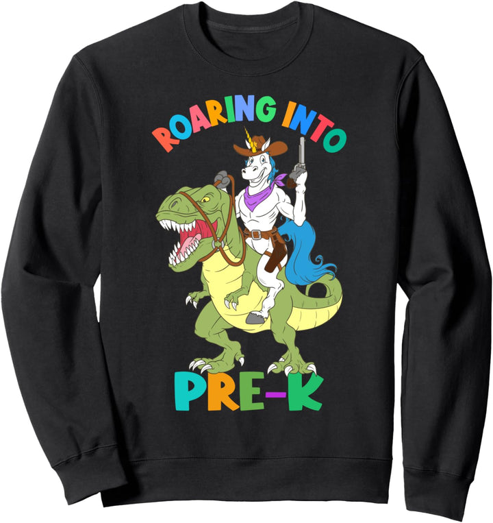 Roaring Into Pre-K Einhorn reitet Dinosaurier zurück zur Schule Sweatshirt