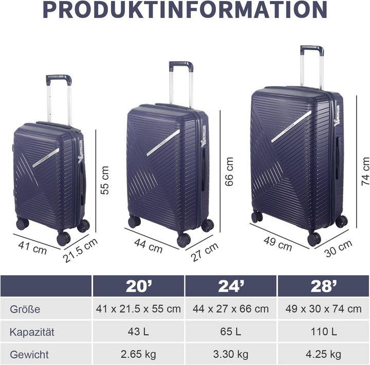 Hartschalen Kofferset 3-teilig aus Polypropylen, 55 cm 66 cm 74 cm (43L 65L 110L), mit TSA Zahlensch