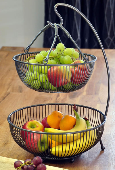 CALUTEA Moderne Obst Etagere // Metall // Schwarz // 3-teilig // zwei grosse Obstschalen & Bananenha
