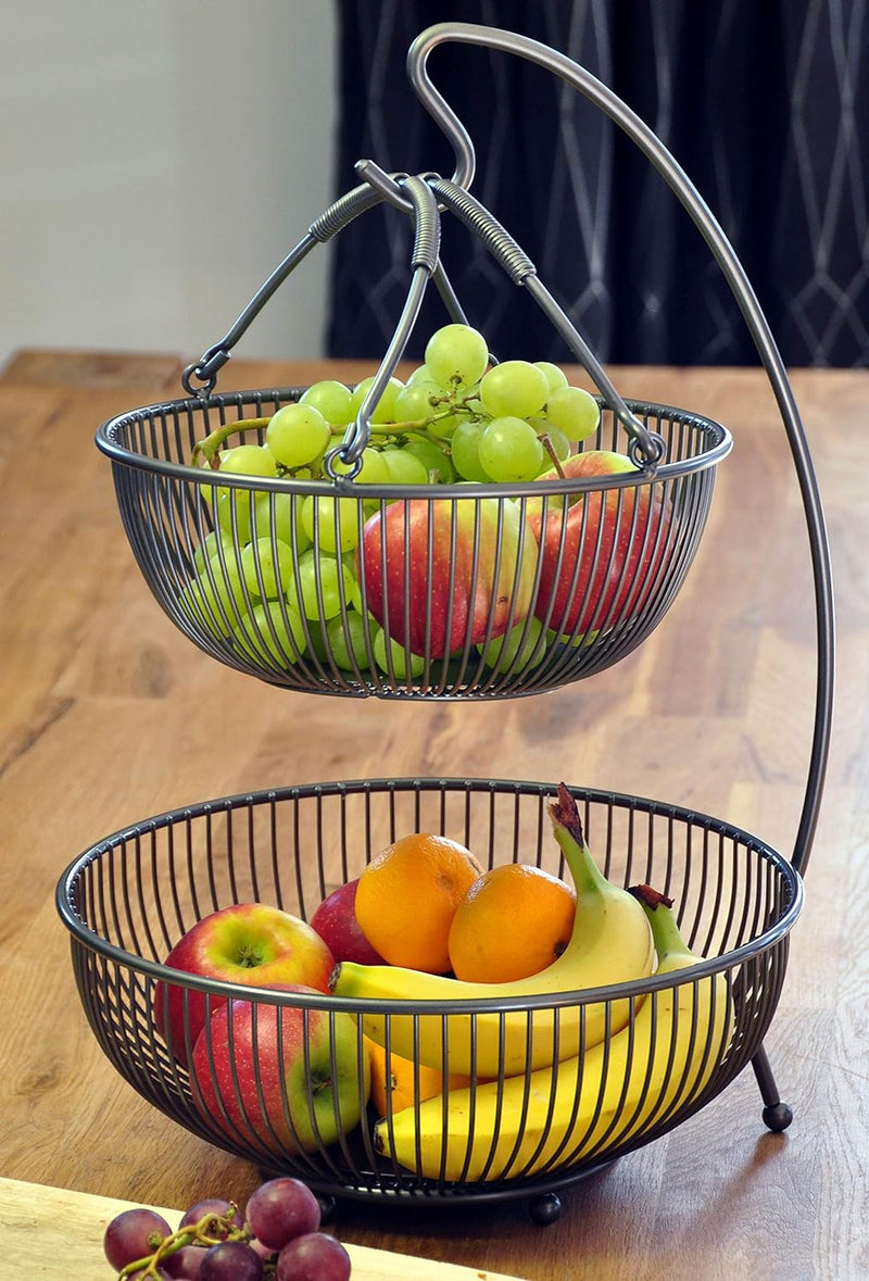 CALUTEA Moderne Obst Etagere // Metall // Schwarz // 3-teilig // zwei grosse Obstschalen & Bananenha