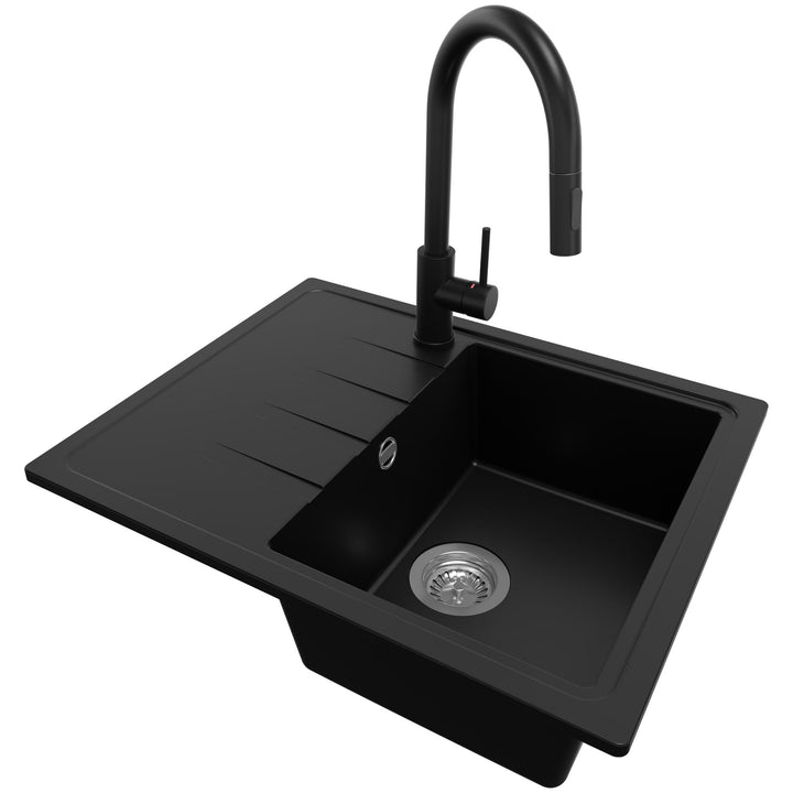 Granitspüle Schwarz 62x50 cm, Spülbecken + Ablauf-Set + Küchenarmatur 9050, Küchenspüle für 40er Unt