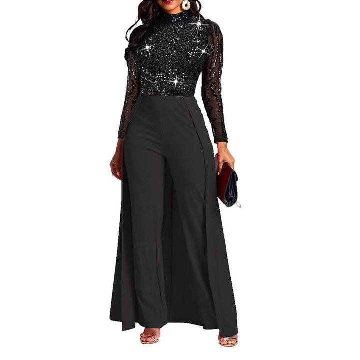 VERWIN Damen-Overall, Patchwork-Overlay, Pailletten, verziert, hohe Taille, Langarm XXL Schwarz, XXL