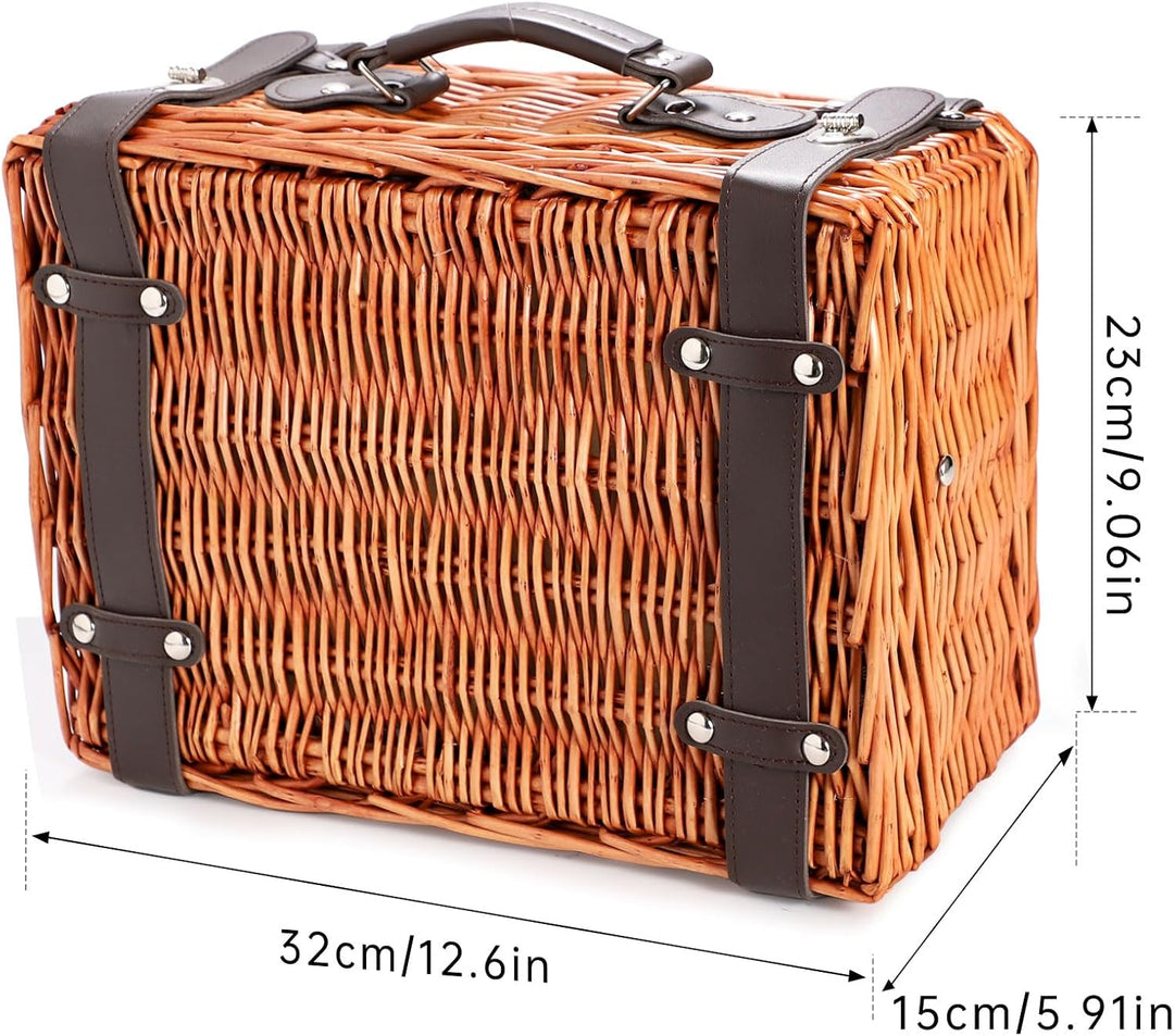 Weiden-Picknickkorb für 2 Personen, Weidenkorb mit Wasserfester Picknickdecke und Besteckset, Pickni