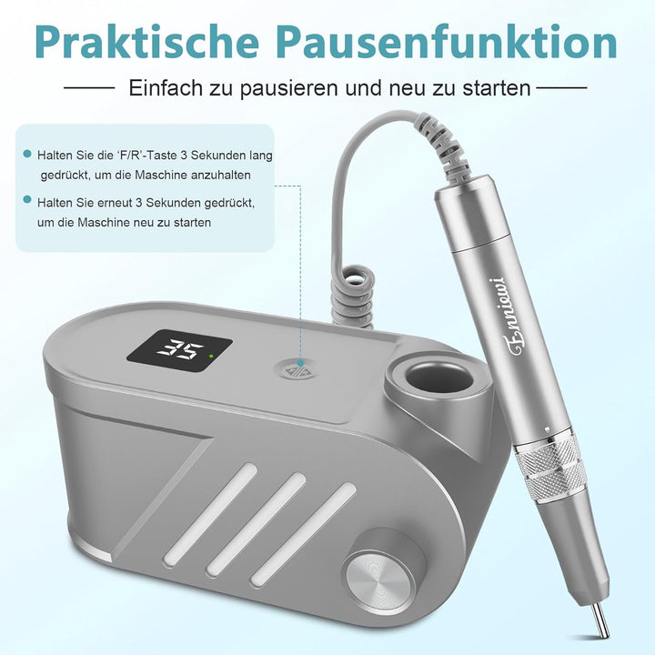 Enniewi Nagelfräser, 35000U/M Professioneller Nagelfräser für Gelnägel und Acrylnägel, Maniküre Pedi