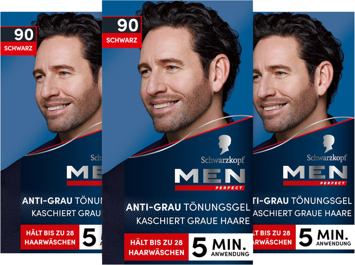 Schwarzkopf Men Perfect Anti-Grau Tönungs-Gel 90 Schwarz (80 ml), Haarfarbe für Männer blendet graue