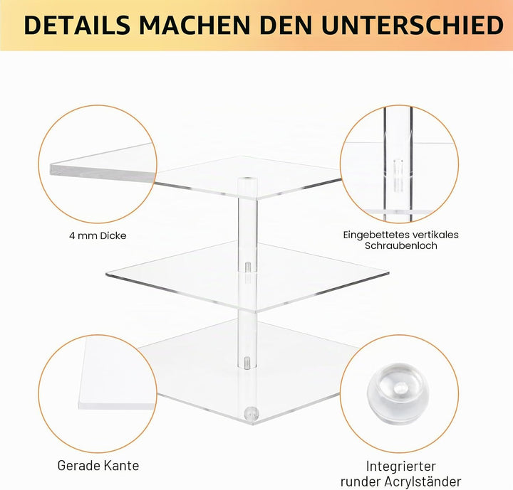 Boxalls Tortenständer mit 3 Ebenen, Gross Quadrat Cupcake-Ständer aus Acryl 25,4 Zentimeter/ 10 Zoll