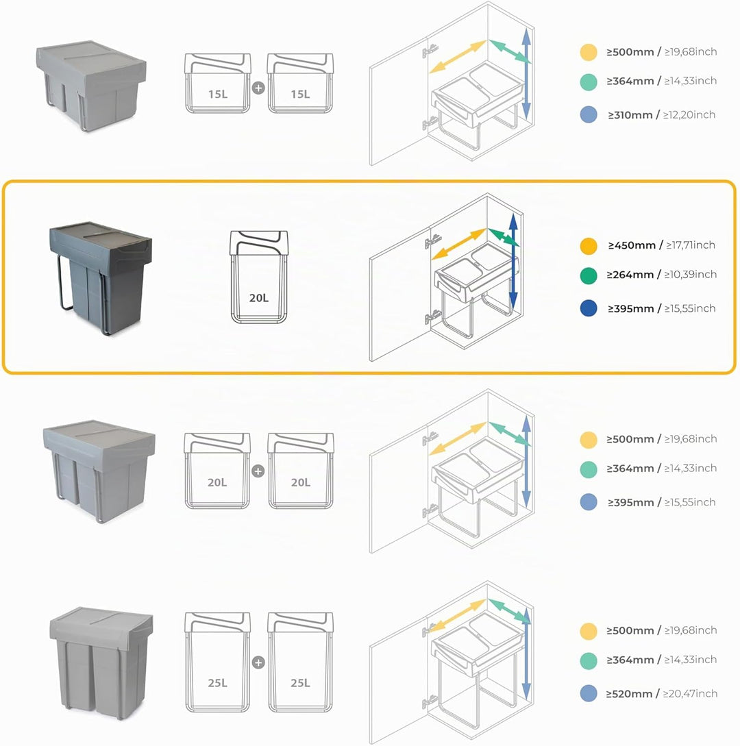 Emuca - Küchenabfalleimer mit unterseitiger Befestigung, ausziehbarer Recycle-Mülleimer, 1x20 L, Sta