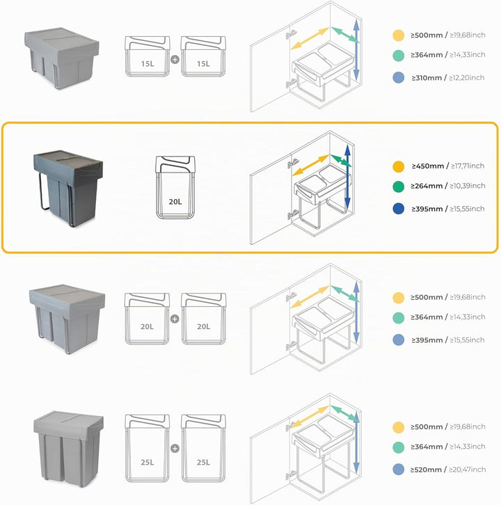 Emuca - Küchenabfalleimer mit unterseitiger Befestigung, ausziehbarer Recycle-Mülleimer, 1x20 L, Sta