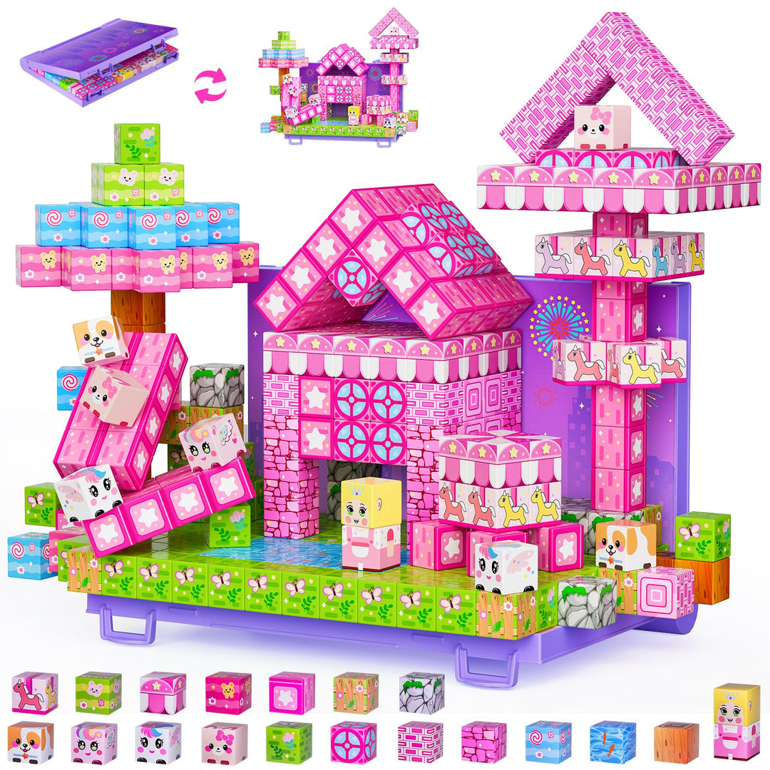 Magnetische Bausteine 84 Teile, Magnetblöcke Fliesen mit Klappbarer Grundplatte, Bauen Prinzessin Sc