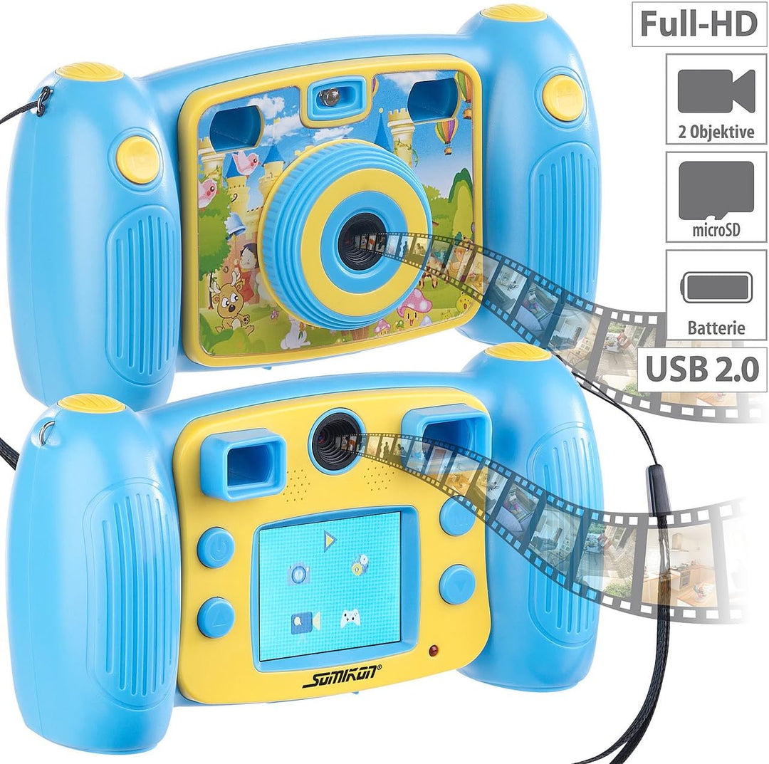 Somikon Kinder-Full-HD-Digitalkamera, 2. Objektiv für Selfies & 2 Sucher, blau