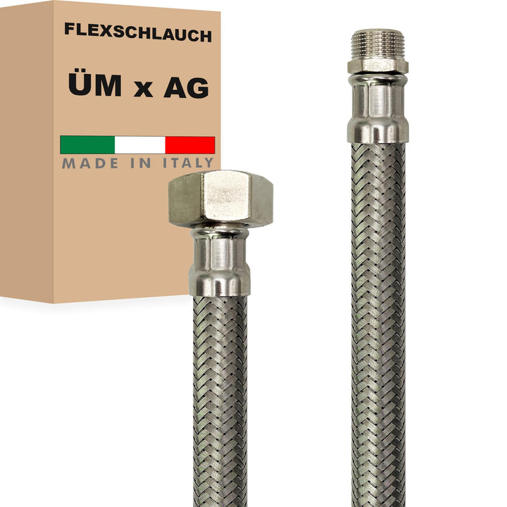 Flexschlauch DN19-3/4" Edelstahl Panzerschlauch Sanitär Hauswasserwerk - Made in Italy (1" ÜM x 3/4"