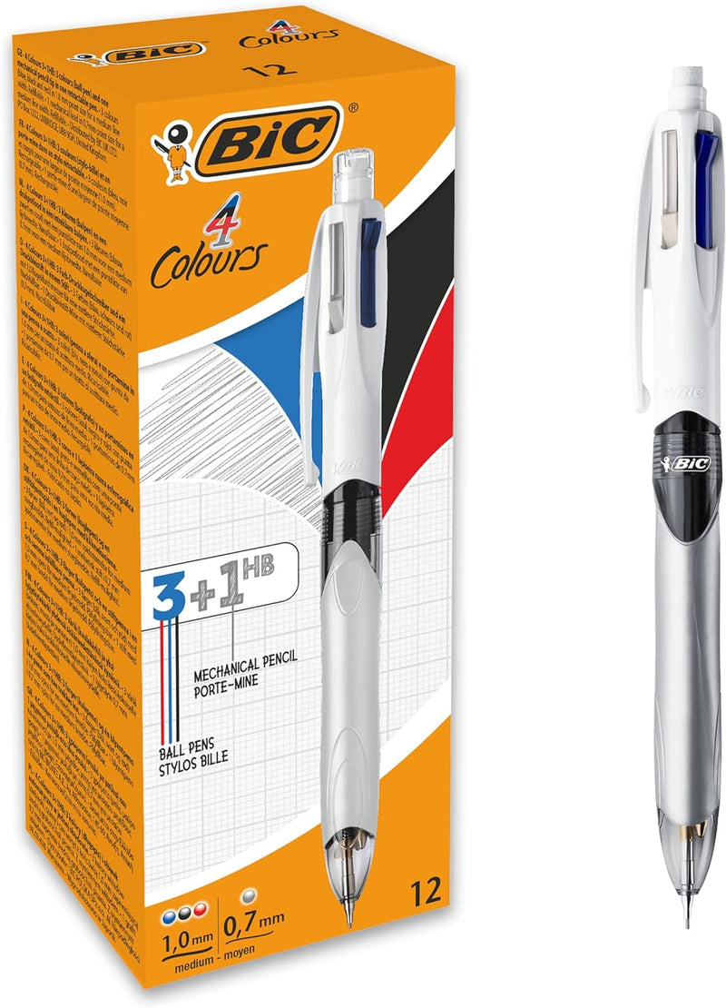 BIC 4 Farben Kugelschreiber Set 4 Colours 3+1HB, mit Bleistift, 12er Pack, Ideal für das Büro, das H