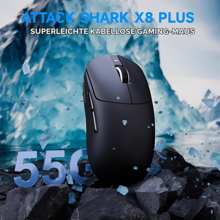 ATTACK SHARK X8 Serie Kabellose Gaming-Maus, 55–65 g Superleicht, PixArt PAW3395/3950 Sensor, BT/2.4