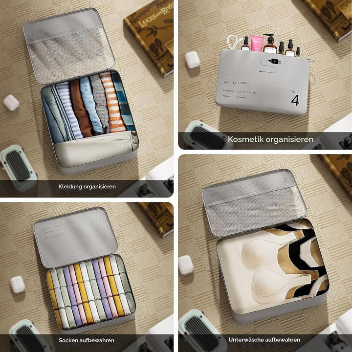 Koffer Organizer Set, 7-teilig, Packwürfel, Reise Kleidertaschen, Grau, Polyester, Reissverschluss,