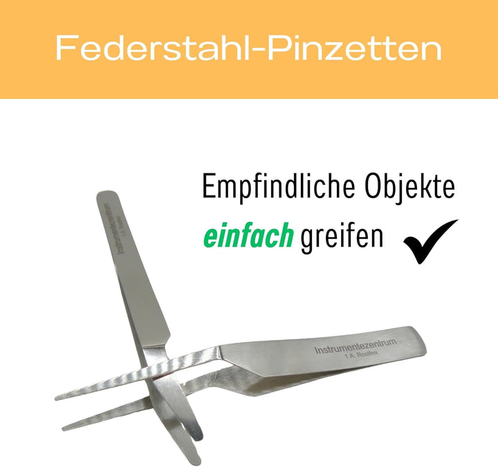 2 Federstahlpinzetten, je 1x spitz und stumpf - Länge 10 cm, Insektenpinzette Laborpinzette