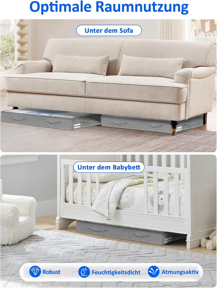 Unterbett-Aufbewahrungstaschen 100×50×10 cm, aus feuchtigkeitsbeständigem Leinen, mit transparentem