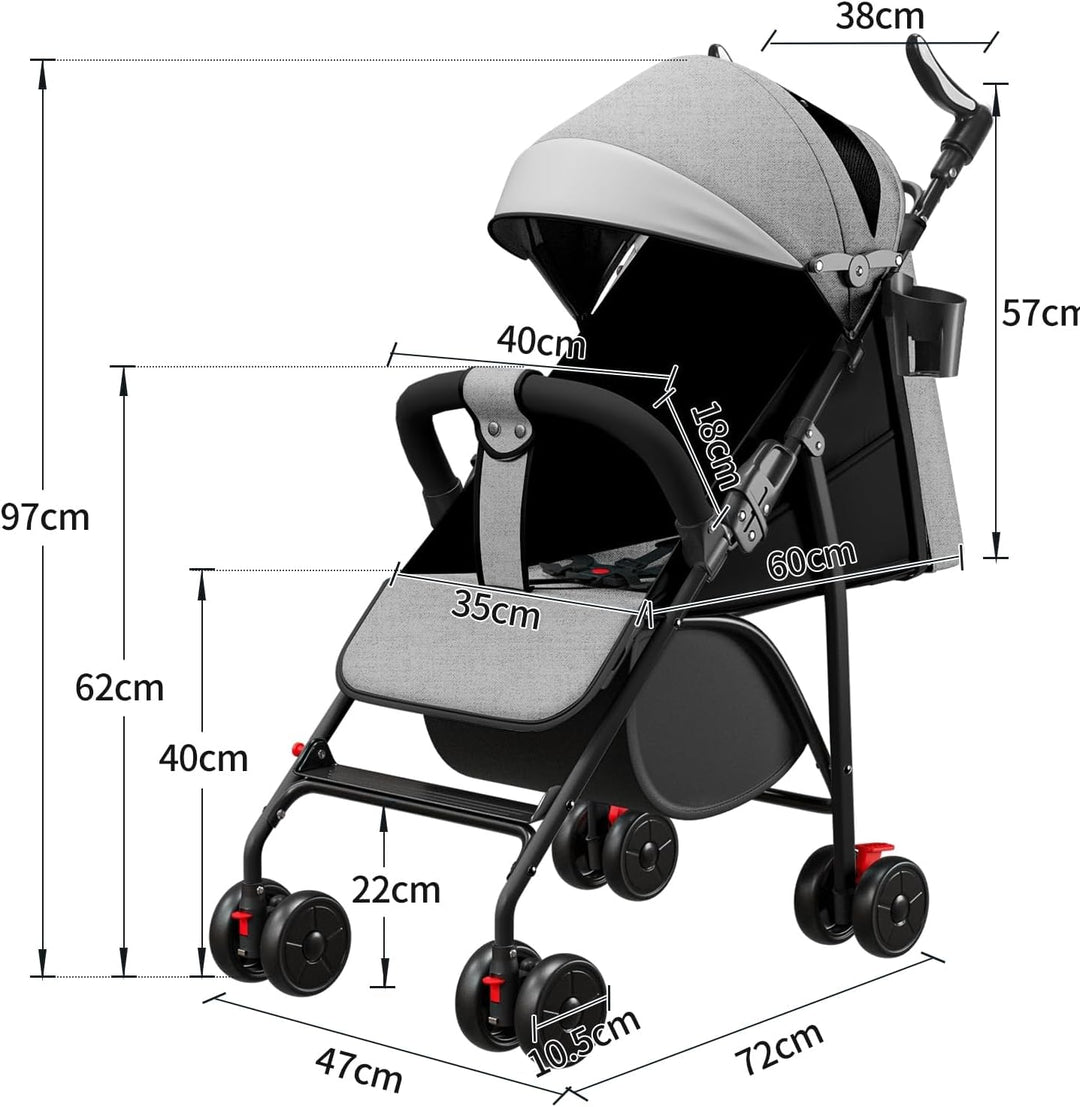 Kinderwagen mit 4 Rädern, bis zu 25 kg, grosses Verdeck, kompaktes Zusammenklappen, neigbare Rückenl