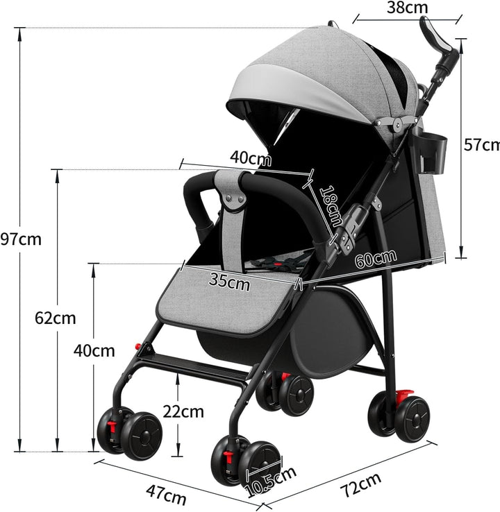 Kinderwagen mit 4 Rädern, bis zu 25 kg, grosses Verdeck, kompaktes Zusammenklappen, neigbare Rückenl
