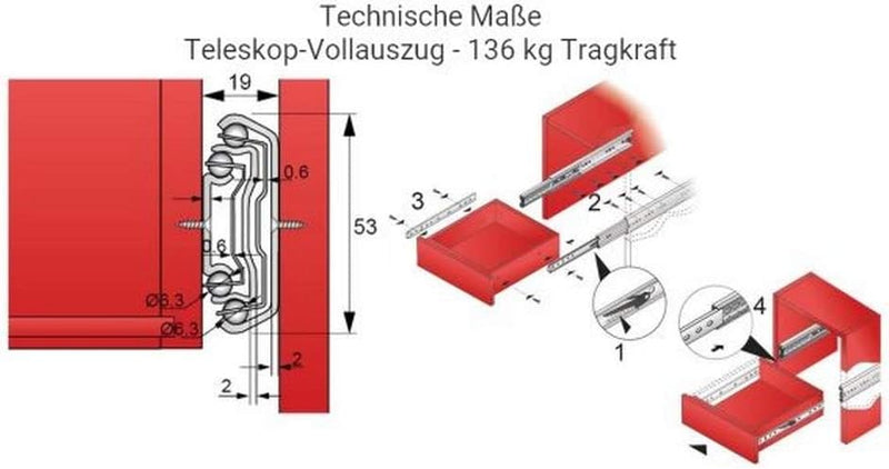 2 x Schwerlastauszug | Vollauszug | Teleskopschienen | 136 kg Tragkraft | 1000 mm Länge | mit Arreti