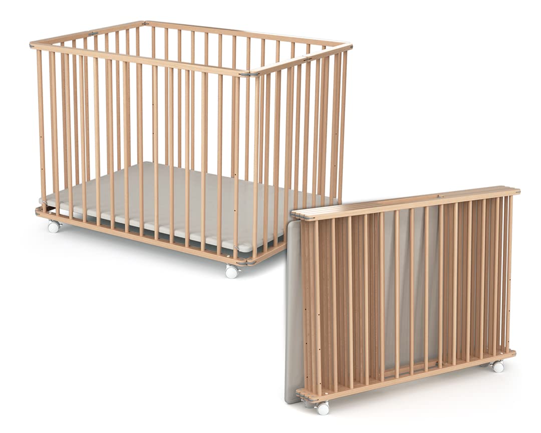 Webaby - Laufstall Baby Faltbar Holz mit Rollen und Matte 70x100 Buche Natur | Faltbarer Laufstall |