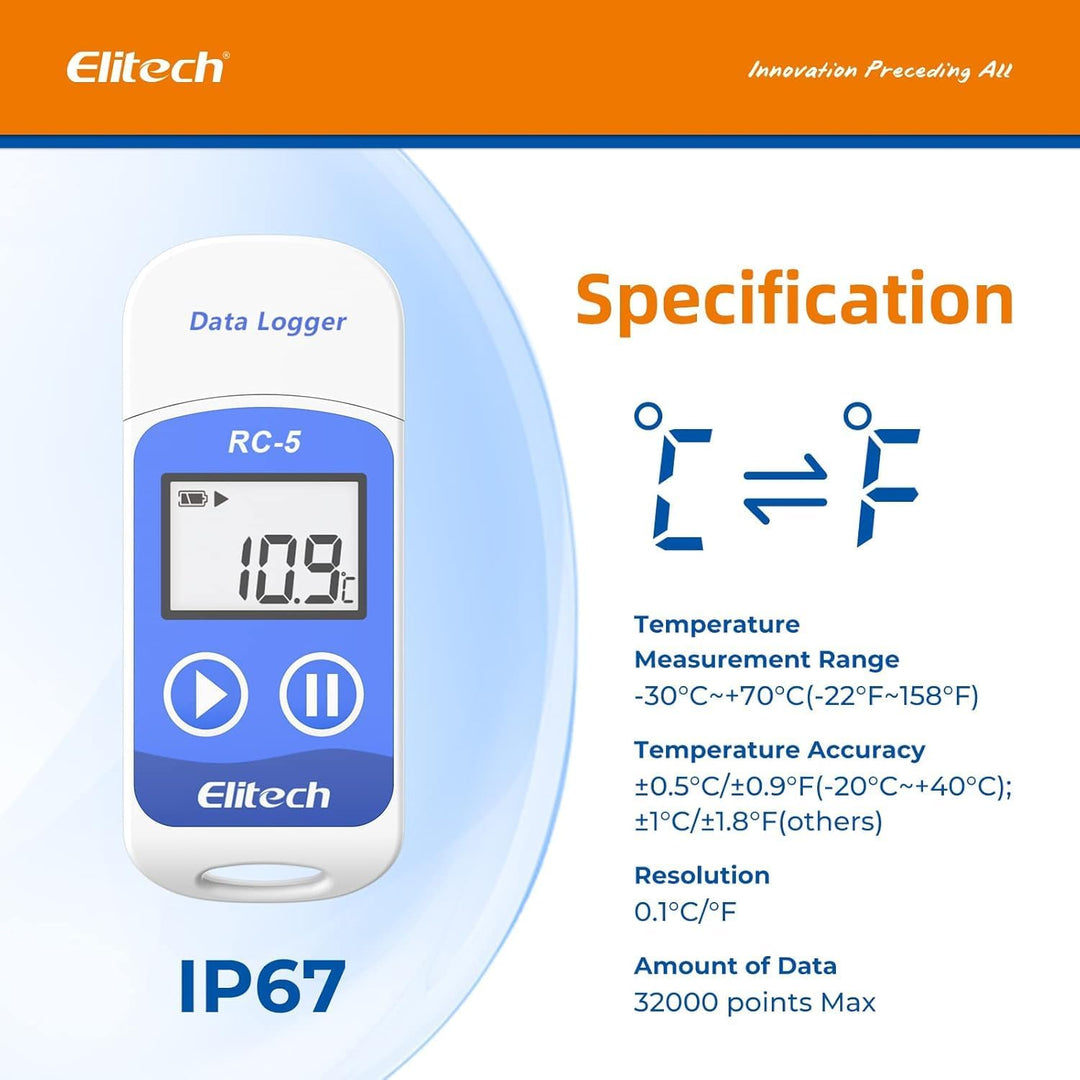Elitech RC-5 Temperatur Datenlogger, IP65 Wasserdicht, 32000 Punkte Kapazität - Mini USB Temperaturr