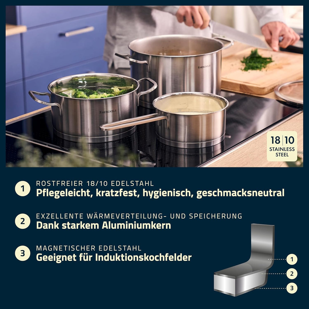 HENCKELS by ZWILLING Pulse Kochtopfset 5-tlg,Glasdeckel, 18/10 Edelstahl, für alle Herdarten inkl. I