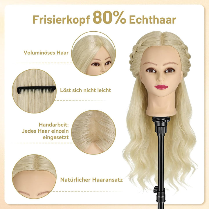 TwoWin Frisierkopf 80% Echthaar, Übungskopf 24 Zoll /60cm Friseurkopf, Trainingskopf für Friseure fü