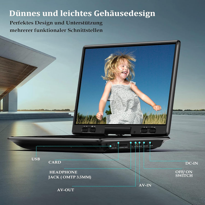 14.1Tragbarer DVD-Player für das Auto,Kinder mit 12,5 grossem HD-Drehbildschirm, exklusives Tastende