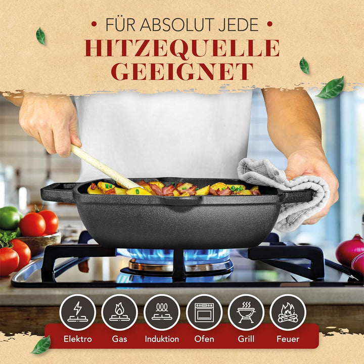 KRUSTENZAUBER 26cm Grillpfanne Induktion Doppelgriff - Geriffelte Gusseisenpfanne Induktion - Ideale