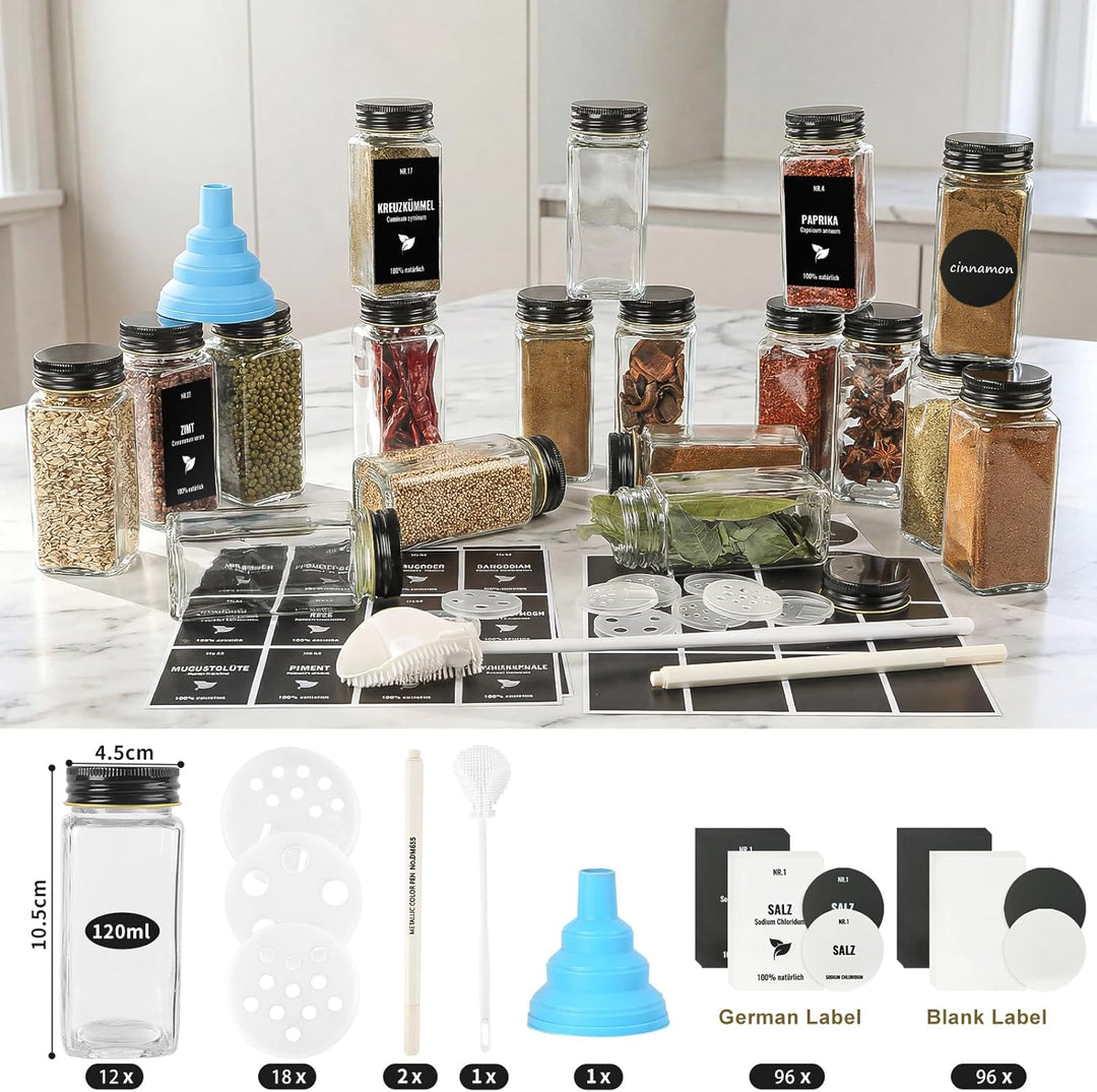 12pcs Gewürzgläser Eckig mit Aluminiumdeckel, 120ml Glasbehälter mit Streueinsatz, Luftdichte Gewürz