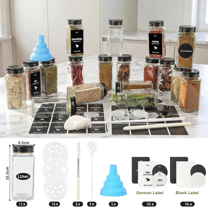 12pcs Gewürzgläser Eckig mit Aluminiumdeckel, 120ml Glasbehälter mit Streueinsatz, Luftdichte Gewürz