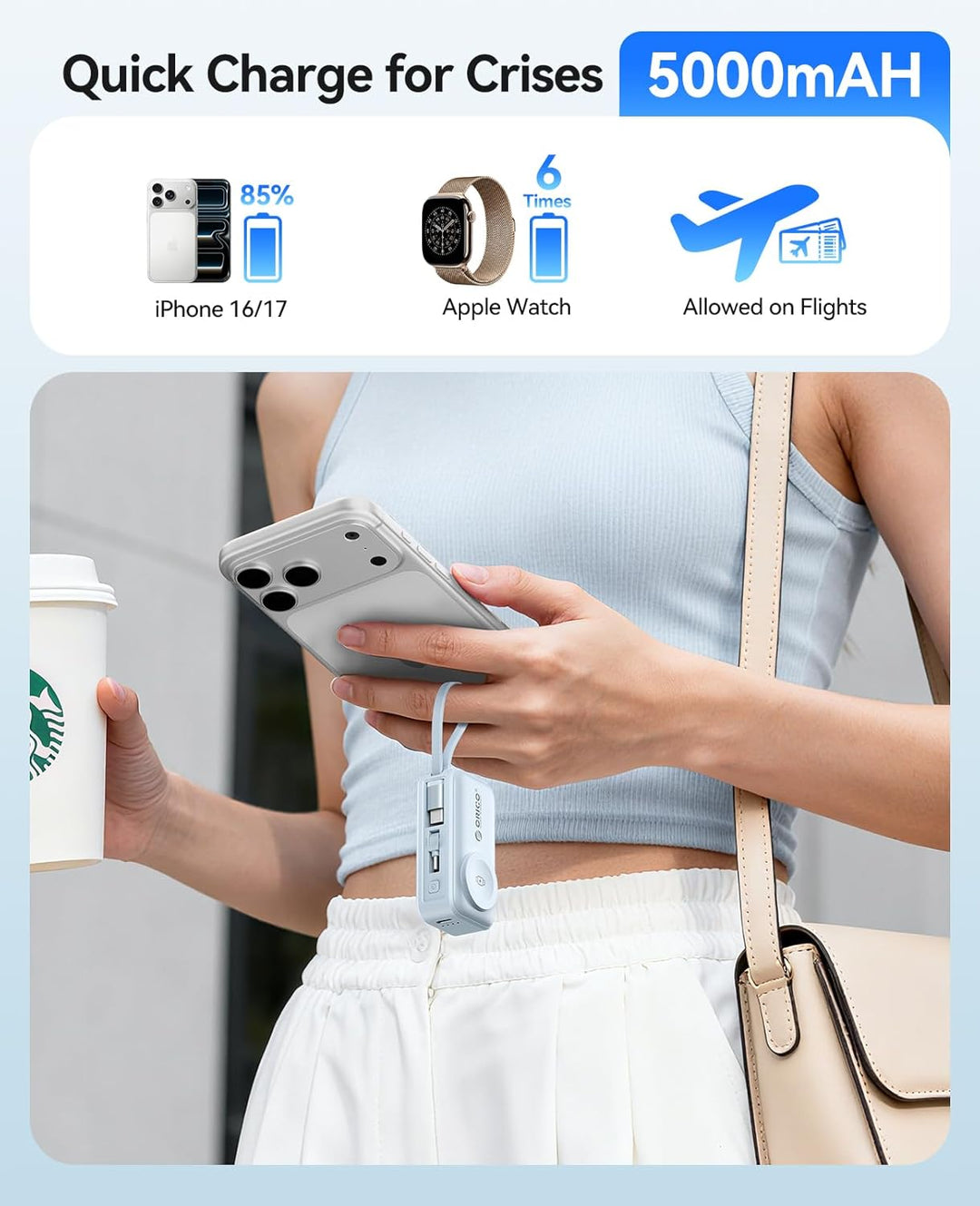ORICO Mini Powerbank 5000mAh, PD 22,5W Externe Handyakkus mit Klappbarem USB-C Stecker & USB-C Kabel
