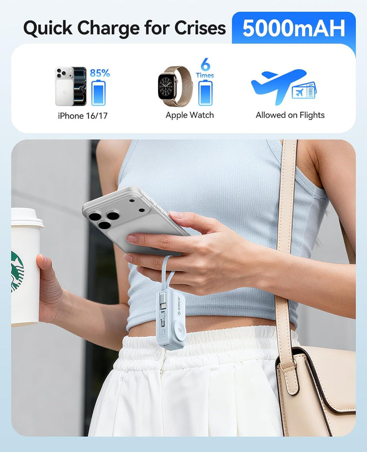 ORICO Mini Powerbank 5000mAh, PD 22,5W Externe Handyakkus mit Klappbarem USB-C Stecker & USB-C Kabel