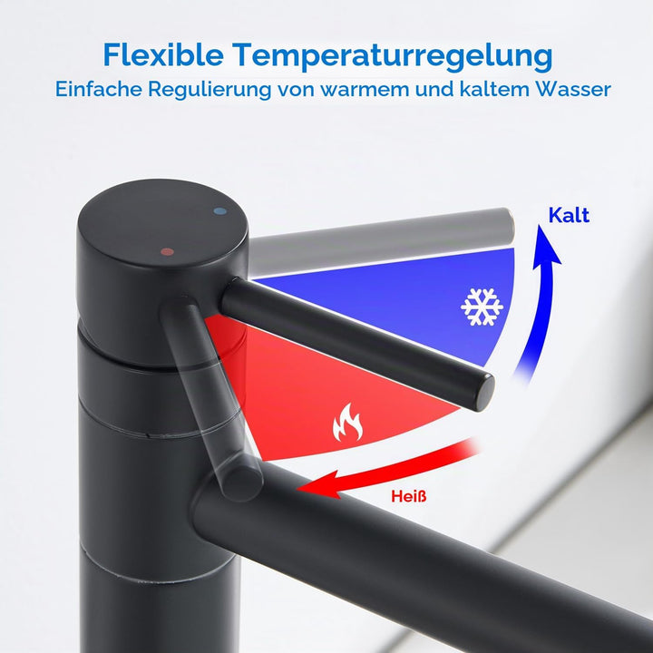 Waschtischarmatur Hoch, Wasserhahn Bad Schwarz Matt für Aufsatzwaschbecken, 360° Schwenkbar Armatur