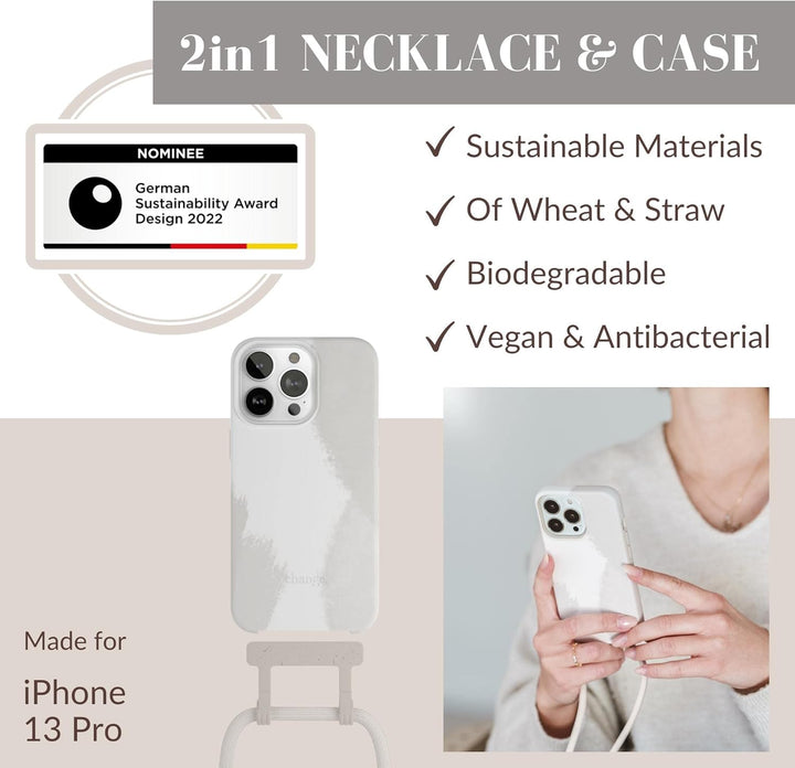 Woodcessories - Nachhaltige Handykette abnehmbar kompatibel mit iPhone 13 Pro Hülle mit Band weiss b