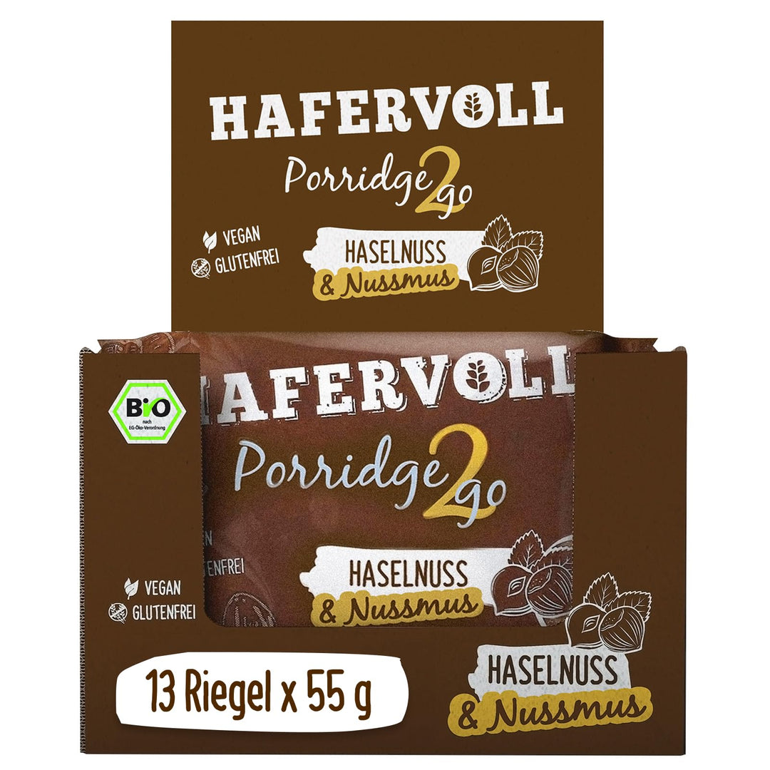 Hafervoll Porridge2go Haselnuss &amp; Nussmus, 13 x 55g Riegel - Vegan, Bio, Glutenfrei, Naschen ohne Zu