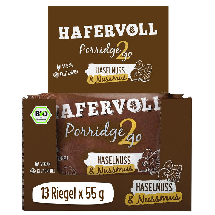Hafervoll Porridge2go Haselnuss &amp; Nussmus, 13 x 55g Riegel - Vegan, Bio, Glutenfrei, Naschen ohne Zu