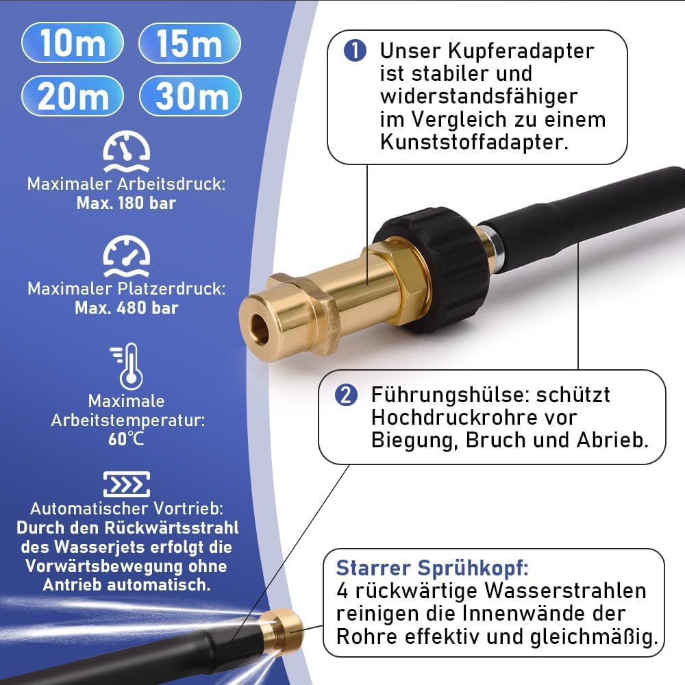 10m Rohrreinigungsschlauch Set, 180 bar, inkl. Tasche mit M22 Adapter, universal Rohrreinigungsset,