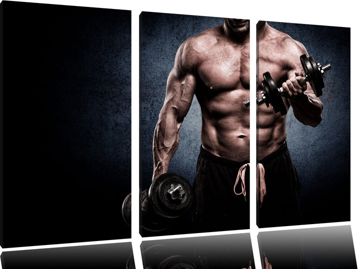 Starker Bodybuilder mit Hantel als 3-Teiler Leinwandbild 120x80 Bild auf Leinwand, XXL riesige Bilde
