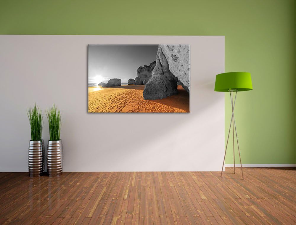 Riesige Felsen am Strand schwarz/weiss Format: 100x70 auf Leinwand, XXL riesige Bilder fertig gerahm